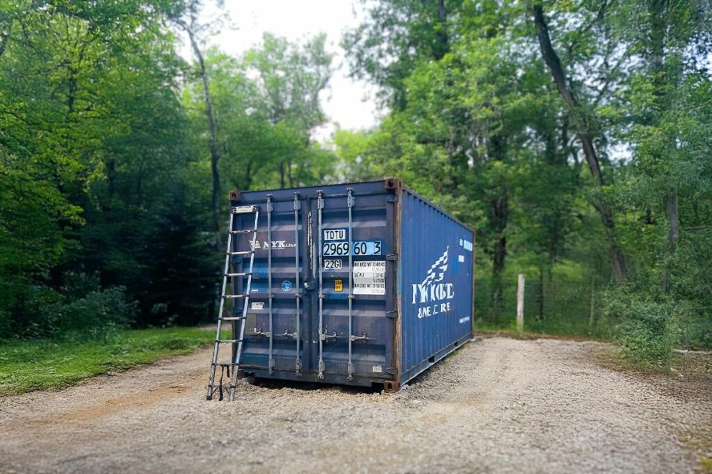 Container maritime 20 pieds installé sur terrain préparé à Saint-Rabier pour stockage personnel