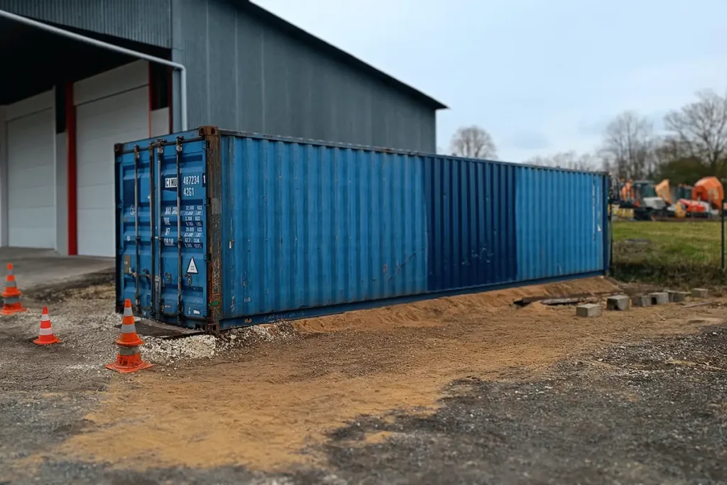Container maritime 40 pieds bleu installé dans garage automobile à Amilly Loiret